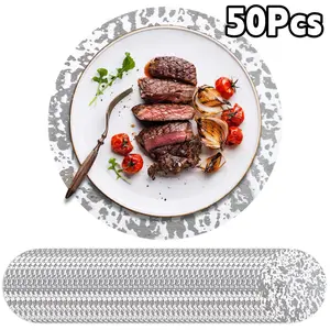 50pcs Metallic Silvery Disposable Placemats Set - 13in Round Mesh Pressed Paper Tableware for Wedding, Picnic, Dining Room Decor (Camping & Hiking Picnicware)
