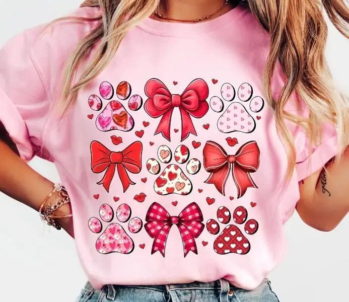 Dog Valentine Coquette DTF Transfers - Specialty DIY Supply, Paw Print & Bow Designs, Unisex for All Ages - THIS IS NOT A SHIRT, Heavy Pressure, Hot Peel, Customized Craft, Last Longer