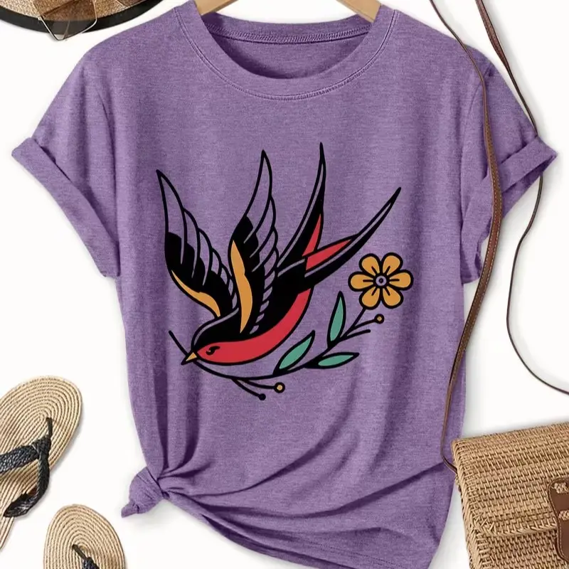 Old School Swallow Bird Floral Graphic T Shirt Traditional Tattoo Art Retro Casual Women Crewneck Short Sleeve Tee