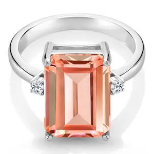 Gem Stone King 6.38 Cttw Peach Nano Morganite and White Topaz Ring For Women | 925 Sterling Silver | Emerald Cut 14x10MM | Gemstone October Birthstone