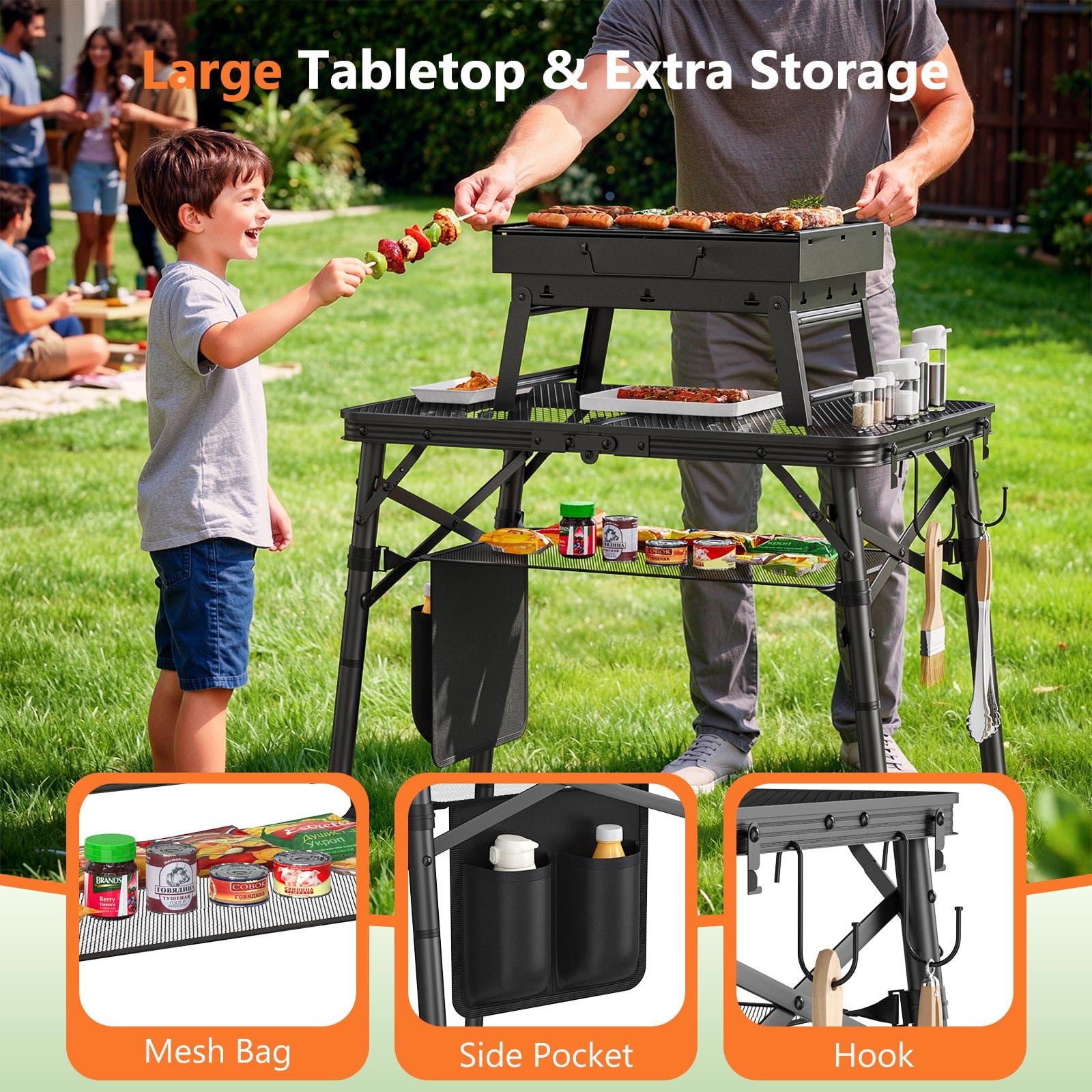 Summer Camping Must-Have | 3-Height Adjustable Folding Grill Table | Portable & Heat-Resistant Metal Table with Storage Bag