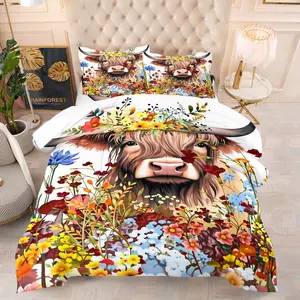 2/3Pcs Highland Cow Floral Print Comforter Set, Farmhouse Watercolor Flower Print, Colorful Wildflower Design, Soft Microfiber Bedding with Pillowcases, For Country Bedroom & Farmhouse Decor