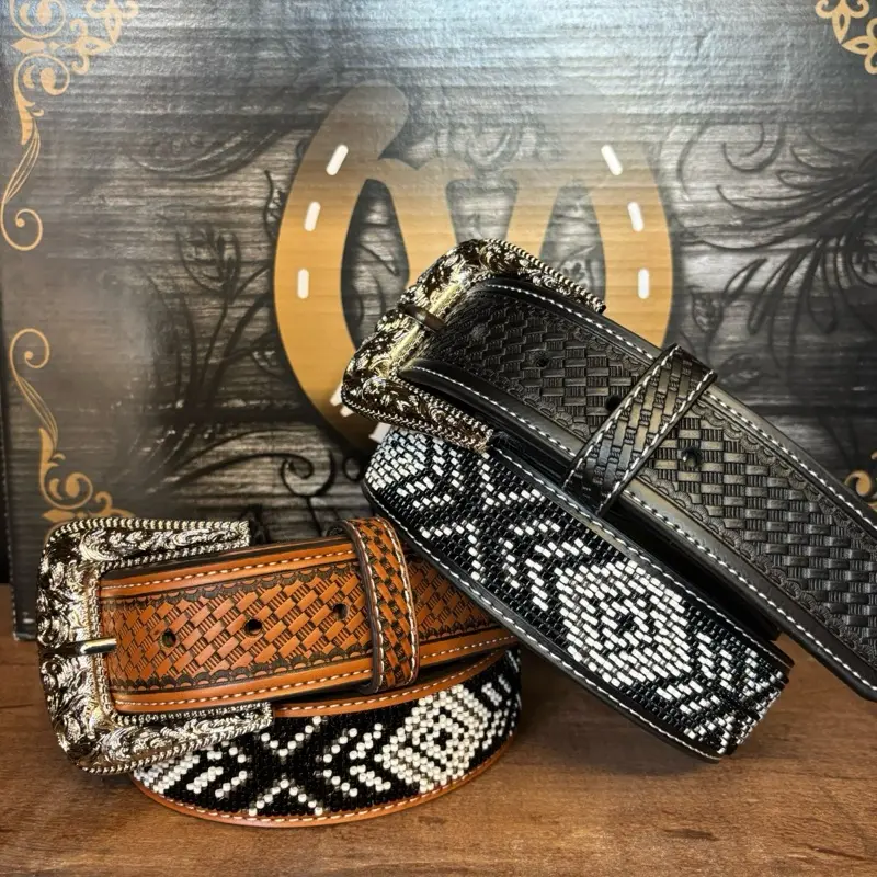 Men's Aztec Pattern Belt 2 Inches Wide with Embossed Buckle and Vibrant Beadwork