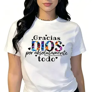 "Gracias Dios Faith Inspired Spanish Print" Christian Religious Graphic Tee |   Trendy Blessed Devotional Summer Vacation Quote Statement T-Shirt |   Women's Plus Size Casual Comfort Streetwear Top