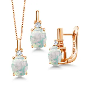Gem Stone King Gemstone Birthstone and White Created Sapphire Pendant and Earrings Jewelry Set for Women in 18K Yellow Gold Plated Silver | Oval 8X6MM and Round 2.5MM | With 18 Inch Chain