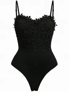 Women's Plus Size Tummy Control Shaper, Floral Lace Corset Top Bodysuit Sexy Spaghetti Strap Cami Tops Solid Black Sleeveless Leotard Shapewear Club Party Date Night Outfits Layering Basic Daily Y2K Romantic Chic Summer