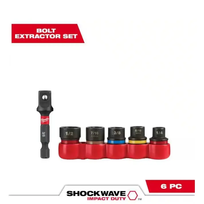 Milwaukee SHOCKWAVE Impact Duty Metal Bolt Extractor Socket Set (6-Piece) 48-32-8000, 3/8 in. Drive, Socket Adapter, Color-Coded Band, Retention Holder Keeps Order for Rusted Fasteners