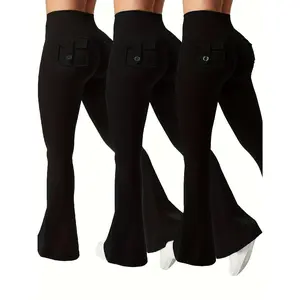3pcs Of Black, Gray And Green Fashionable Workwear Style Bell Bottoms, Women& #       39;s Casual Bell Bottoms, High Waist Pocket Sportswear, Work Style Peach Hip Pants, Sports Quick-drying Tummy Control Butt Lifting Trousers Flare Leggings