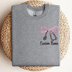 Nurse Sweatshirt with Pink Bow and Stethoscope Embroidery Custom Name Option Womenswear Christmas Gift Idea Personalized Grey