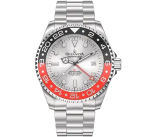Oceaneva Men's GMT Deep Marine Explorer 1250M Pro Diver Watch Swiss Made Ronda 515.24H Movement Red Black Silver Dial