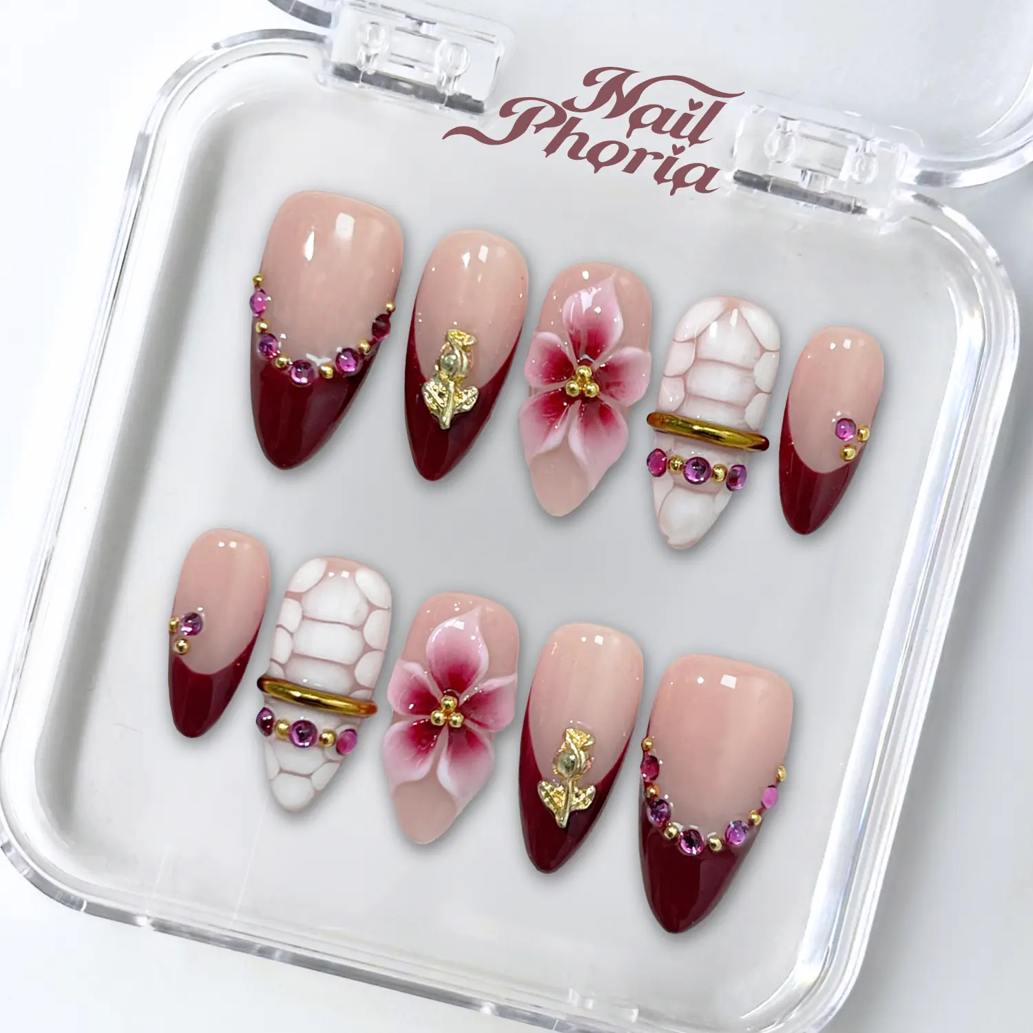 NailPhoria BURGUNDY GALA -SUMMER Handmade Press-On Nails | Reusable, Salon-Quality, Long-Lasting, Glossy Design