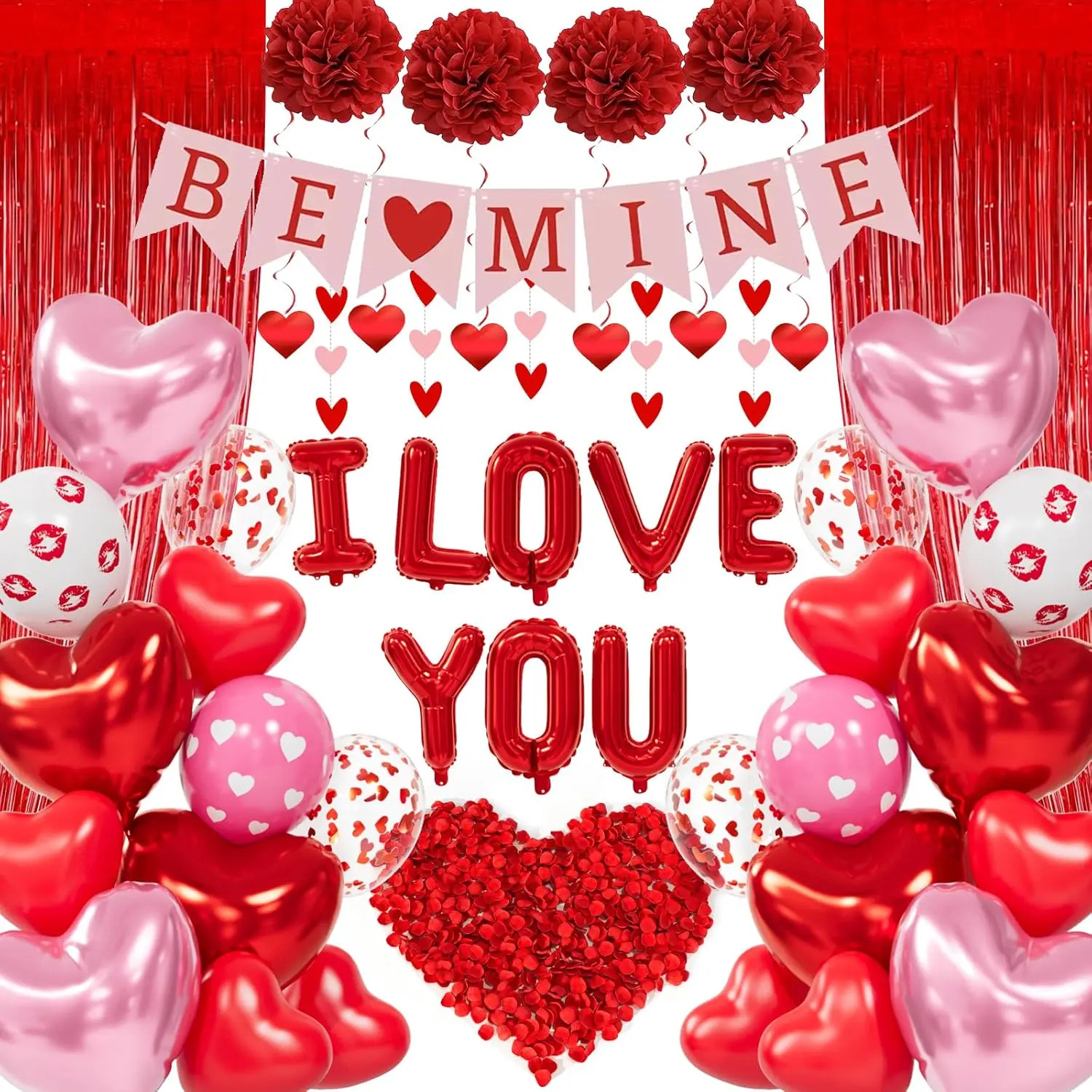 Romantic Heart Shape Balloon Decorations Set - Festive Party Supplies Kit with 8x12in Balloons, 1000+ Dark-Red Rose Petals, 2x Red Fringe Curtains, 1x1.5m String, Quick Assembly for Valentine’s Day Proposal Setup, Girlfriend Gift