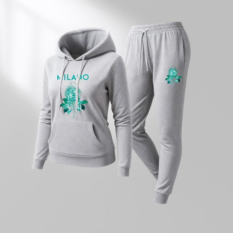 Women's Milano Flower Print Lips Print Hair And Sunglasses Hoodie And Drawstring Track Pants Set, Casual Sportswear, Long-Sleeved Hooded Jacket And Pants, Suitable For Autumn And Winter,  Indoor And Outdoor Sportswear, Casual Sportswear.