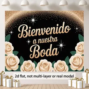 1PC,2D Flat Spanish Wedding Backdrop, Black Gold Rose Bienvenido a Nuestra Boda Theme Party Decoration Backdrop, Wedding Venue Decoration Photo Background Cloth, Wedding Decoration Background Banner