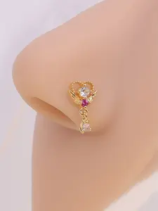 Heart Cutout L Needle Women's Pendant Nose Stud, Crystal Zircon Body Piercing Jewelry, Casual Ditsy Floral Design, All Seasons