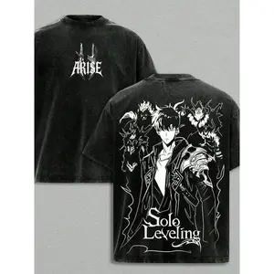Solo Leveling Sung Jin-Woo ARISE Vintage Washed Oversized T-Shirt Double-Sided Shadow Monarch Graphic Tee Casual Streetwear For Men Women