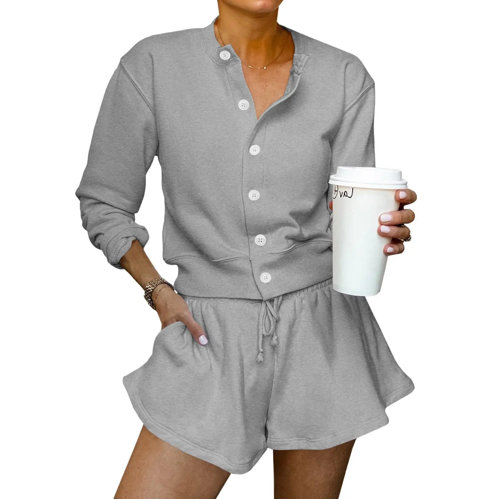 Tankaneo Womens 2 Piece Outfits Sweatsuit Button Down Tops and Shorts Casual Matching Lounge Set Travel Tracksuit