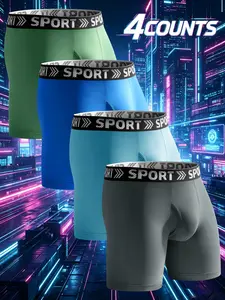 4 pcs men's solid color daily long style compression boxer briefs, Boxer trunks, Leisure and versatile, Soft and comfortable elastic fabric, Close fitting without restraint, Suitable for sports and fitness, outdoor travel