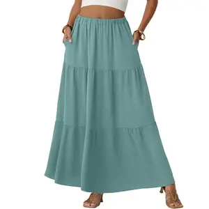 Lepunuo Womens Boho Casual Maxi Skirts Flowy Elastic High Waisted A-Line Long Skirts with Pockets Beach Vacation
