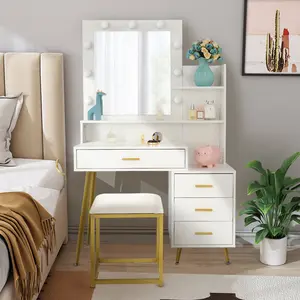 Vanity Set with Mirror and Lights, Makeup Vanity with Drawer & Storage Shelves, Cabinet, 3 Lighting Modes Adjustable Brightness, Bedroom Dressing Table