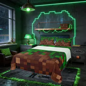 Feelyou Pixelated Grid Bedding Set - Miner Lattice Game-Inspired Patchwork, Dark Green Brown, Multi-Size Sets, Deep Pockets, Easy Care, Fitted + Flat Sheet for Kids Room Decor