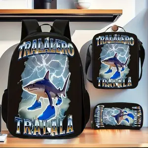 Tralalero Tralala Shark 3-Piece Backpack Set, Viral Meme Shark in Blue Sneakers Print School Bag + Lunch Bag + Pencil Case, Oxford Cloth Adjustable Strap Daypack for Fans & Kids