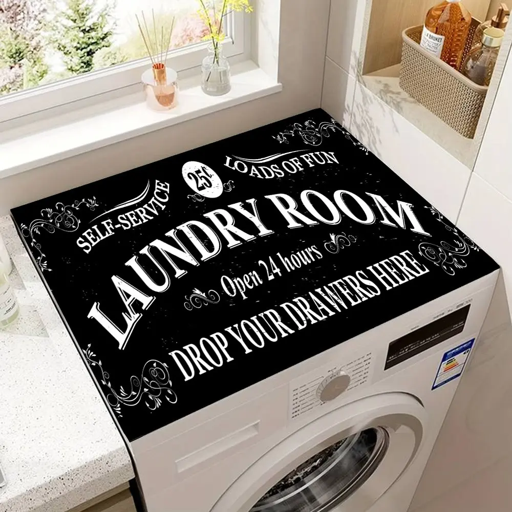 Laundry Room Letter Pattern Dustproof Machine Washable Cover, Household Dust Cover, 1 Count Washing Machine Cover, Soft Water Absorbent Mat for Bathroom Kitchen