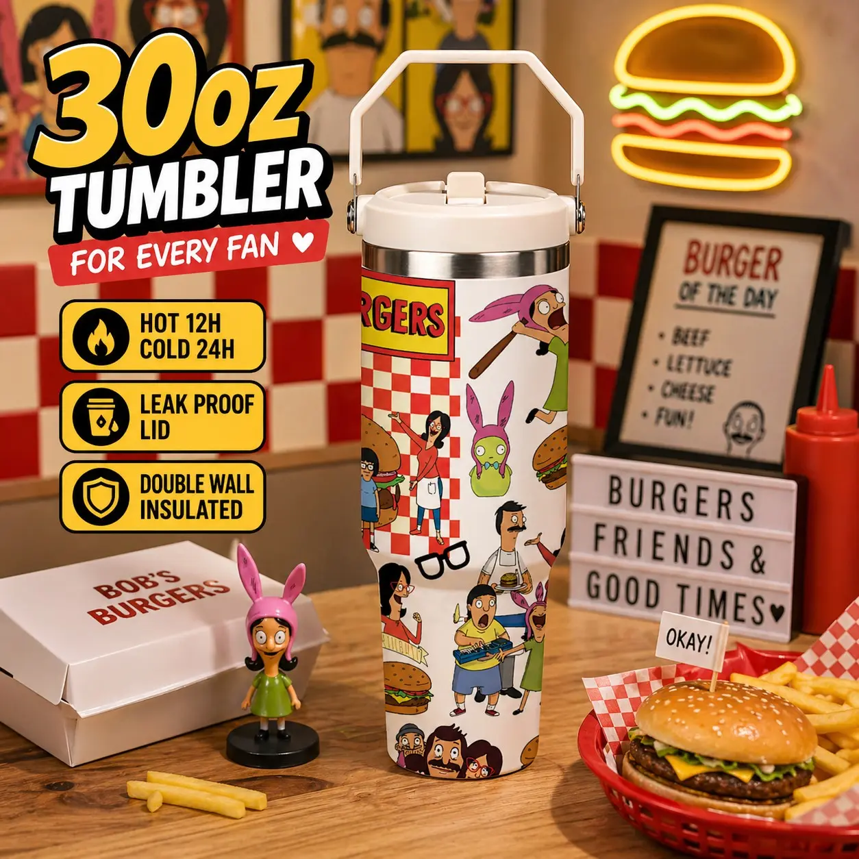 1 Pc 30oz Funny Cartoon Burger Family Print, Diner Style Humor Design, Fast Food Lover Aesthetic, Double Wall Vacuum Insulated Mug, Keeps Drinks Hot 12H Cold 24H, Leak Proof Handle Tumbler, Christmas Birthday Holiday Gift for Women Men, Drinkware Flask