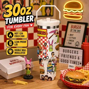 1 Pc 30oz Funny Cartoon Burger Family Print, Diner Style Humor Design, Fast Food Lover Aesthetic, Double Wall Vacuum Insulated Mug, Keeps Drinks Hot 12H Cold 24H, Leak Proof Handle Tumbler, Christmas Birthday Holiday Gift for Women Men