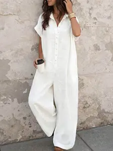 Women's Summer Lazy Style Romper, Collared Short Sleeve Loose Fit Straight Leg Wide Leg Pants, Comfortable and Stylish