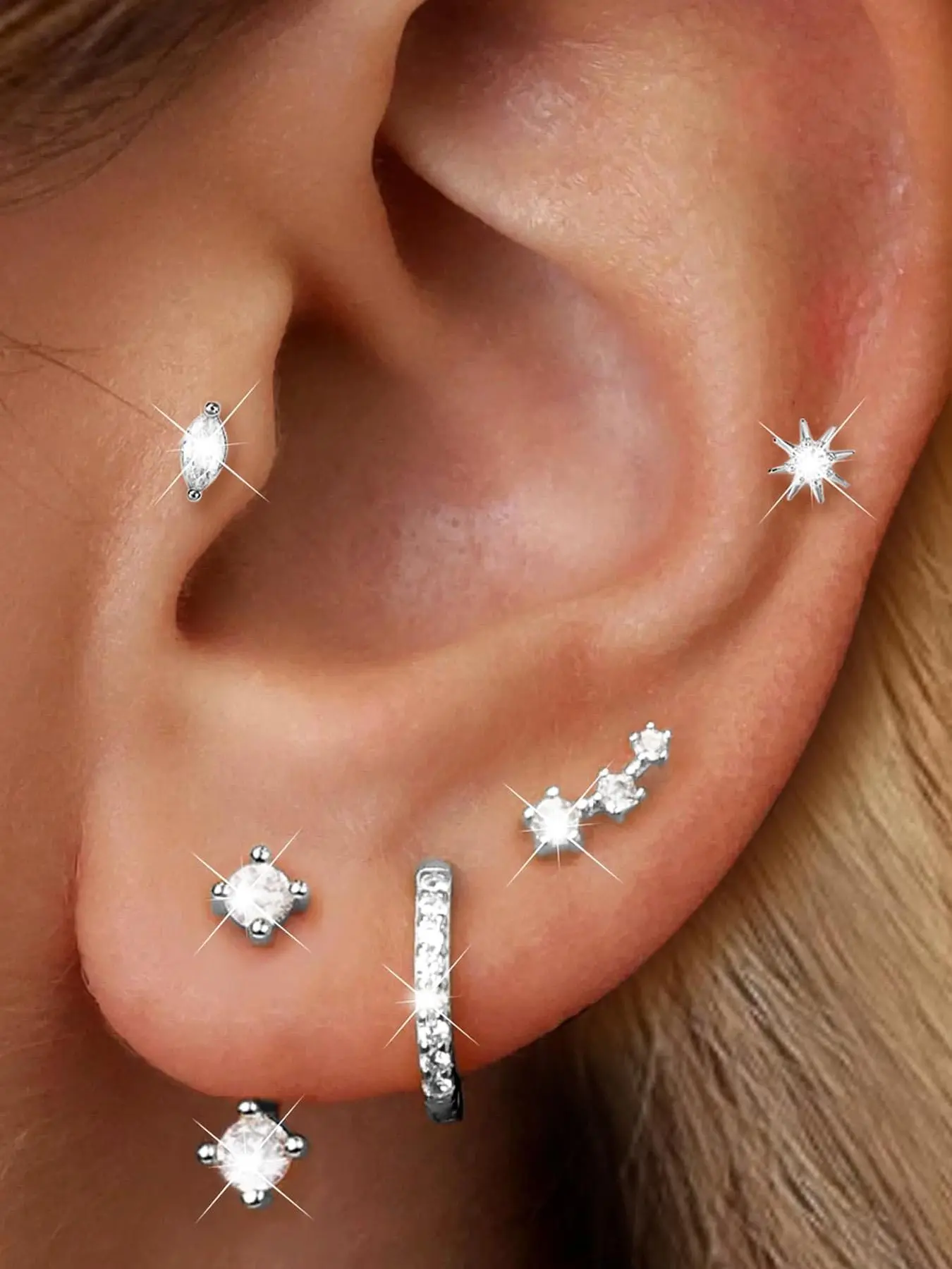 5 pcs Stud Earring Jewelry for Women, Gold Silver Hypoallergenic Cartilage Earrings for Multiple Piercing, Dainty Small Stackable Hoop Sparkling Zirconia CZ Earrings Set 20gauge Earring Stacks, Earring Stacking Set, Ear Studs