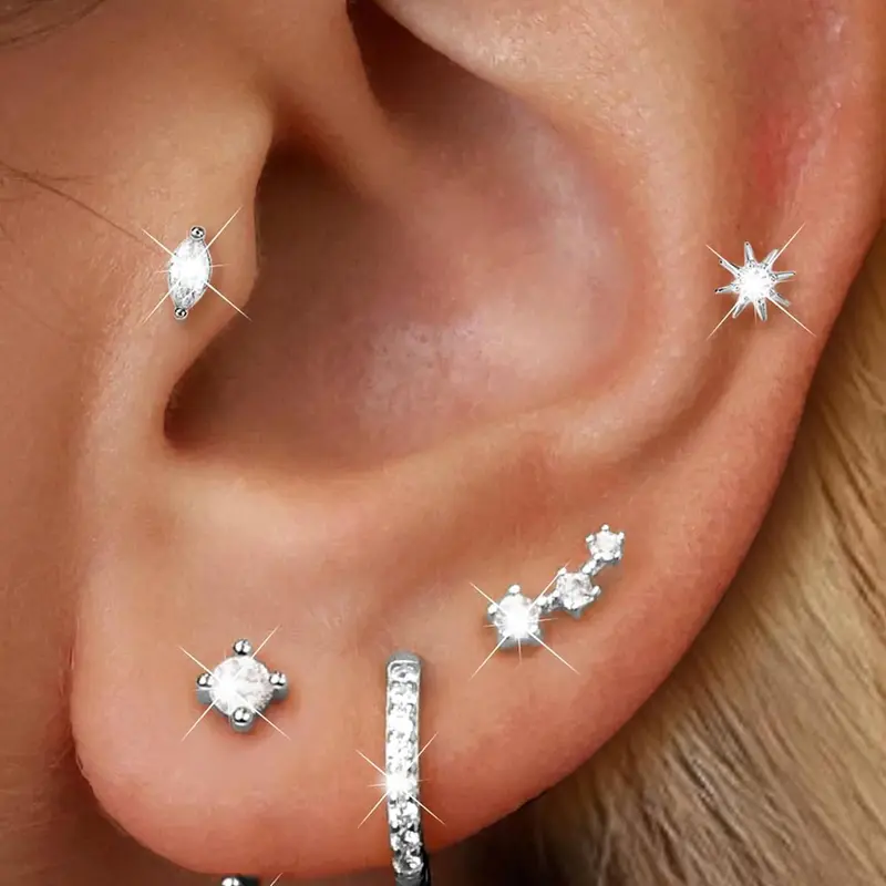 5 pcs Stud Earring Jewelry for Women, Gold Silver Hypoallergenic Cartilage Earrings for Multiple Piercing, Dainty Small Stackable Hoop Sparkling Zirconia CZ Earrings Set 20gauge Earring Stacks, Ear Studs, Earring Pack