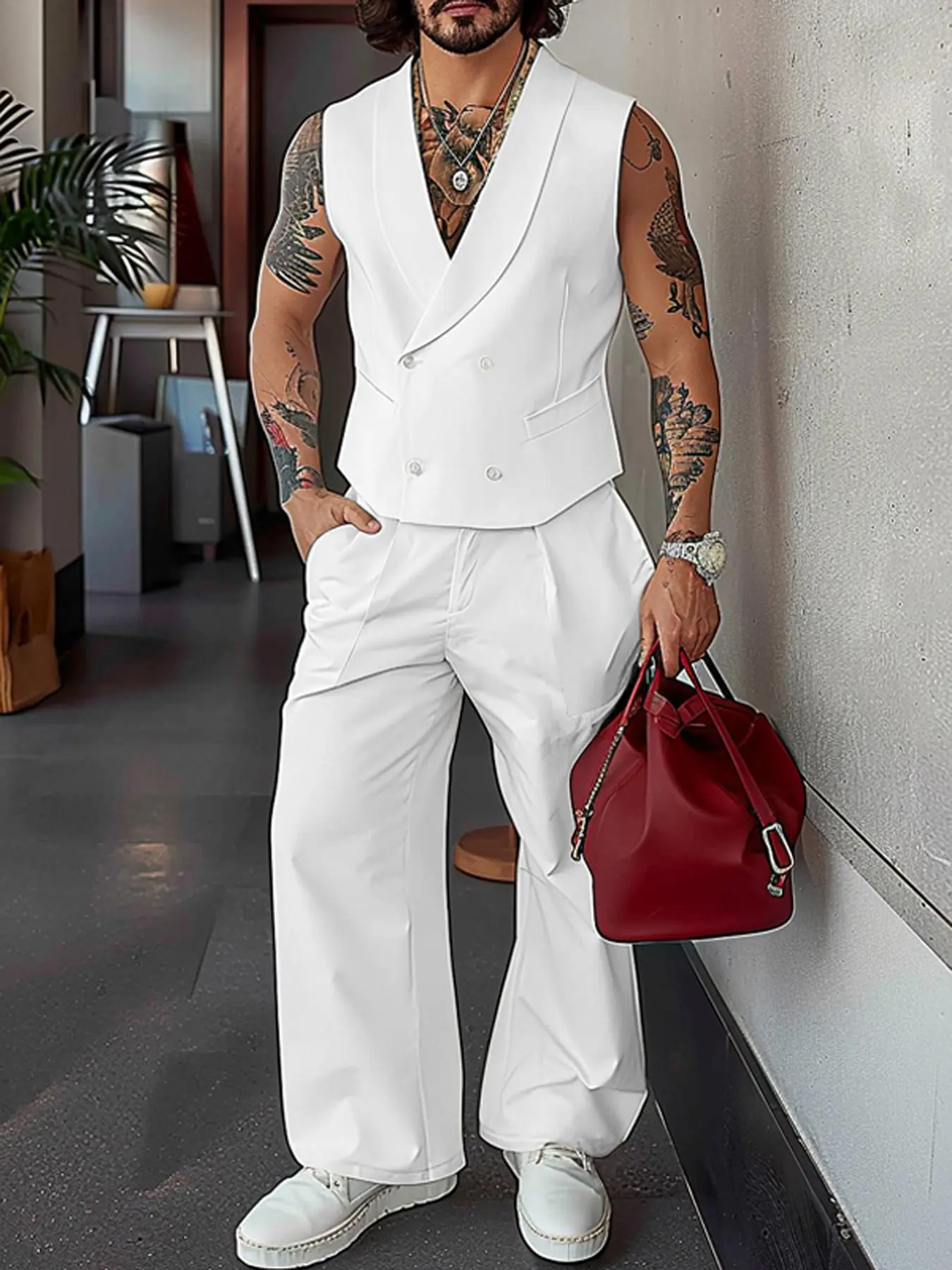 Men's Solid Color Sleeveless Double Breasted Suit Vest & Pants Sets, Fashion Casual Lapel Tank Top & Baggy Trousers Set for Holiday Vacation, Men's Summer Outfits - TikTok Shop Men's Solid Color Sleeveless Double Breasted Suit Vest & Pants Sets, Fashion Casual Lapel Tank Top & Baggy Trousers Set for Holiday Vacation, Men's Summer Outfits - TikTok Shop