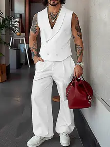 Men's Solid Color Sleeveless Double Breasted Suit Vest & Pants Sets, Fashion Casual Lapel Tank Top & Baggy Trousers Set for Holiday Vacation, Men's Summer Outfits