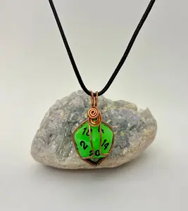 Green D20 Dice Pendant | Copper Wire Wrapped Gamer Necklace