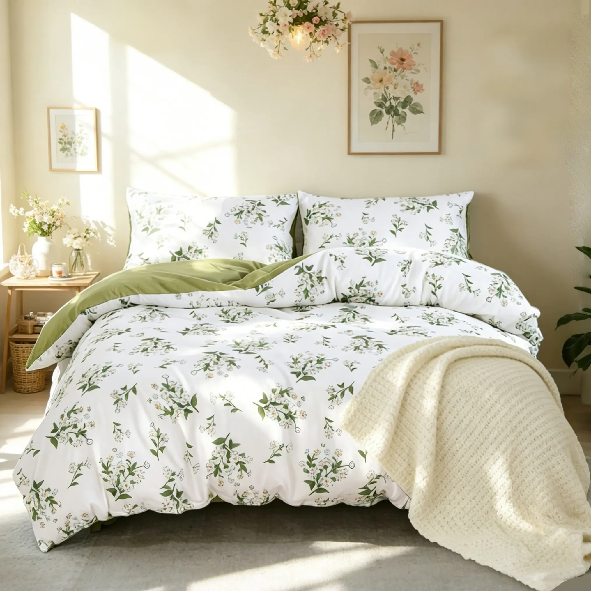 3Pcs Spring Summer New Green Floral Print Duvet Cover Set, Floral Bedding Set, (Include 1*Duvet Cover, Without Duvet Insert,2 *Pillowcases），Soft Fabric with Easy Removable Zipper, Fresh Cute Girls Bedroom Decoration, Ideal Gift Choice