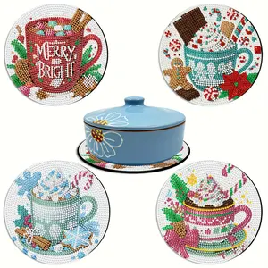 4-Piece Creative Christmas Ice Cream Diamond Painting Placemat Set, Diamond Painting Coasters, DIY Full Round Rhinestone Wooden Table Mats, Home Kitchen Decor