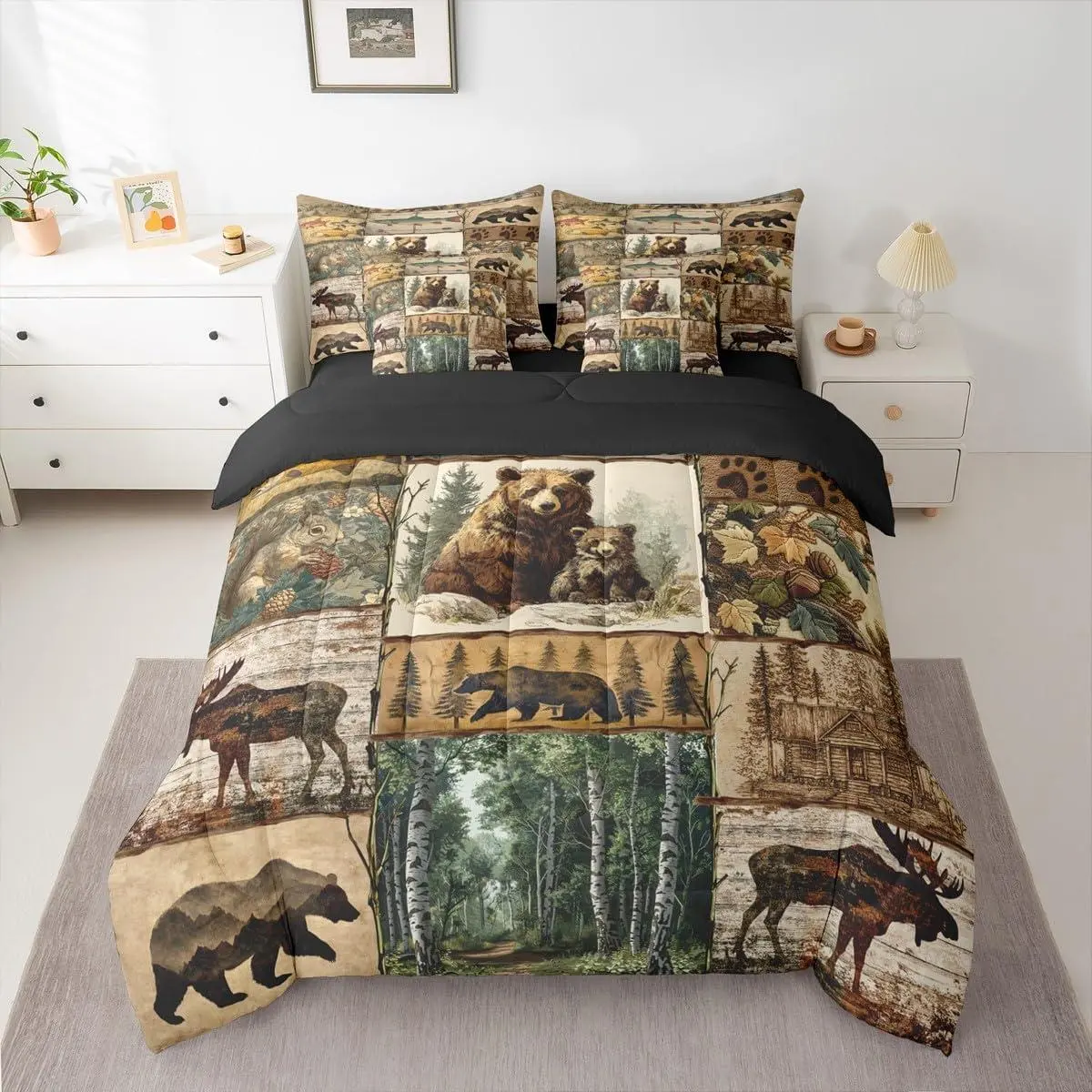 Rustic Cabin Comforter Set with Sheets for Kids Boys Girls Country Nature Bear Moose Squirrel 7 Pieces Bedding Set Camo Woodland Wildlife Bed in a Bag Camping Farmhouse Lodge Room Decor