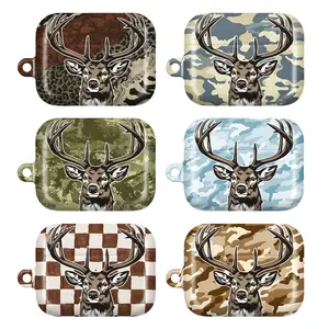 Camouflage Deer Antler AirPods Case – Wildlife-Inspired Design with Camouflage, Checkerboard & Leopard Print Backgrounds, Fits AirPods Pro (Gen 1/2) & AirPods (Gen 1/2/3), Rugged Gift for Outdoor & Hunting Fans