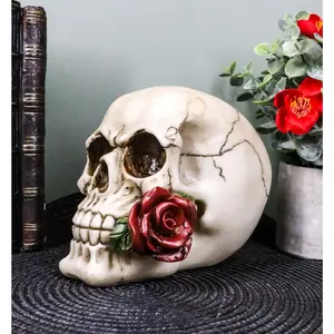 Romantic Goth Skull Biting A Stalk Of Red Rose Statue Lover Never Dies Eternal