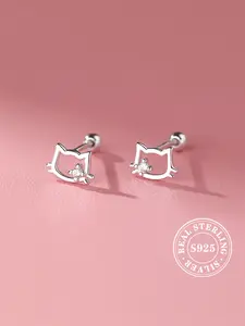 925 Sterling Silver Cute Cat Design Earrings, Stud Earrings Jewelry, Fashionable Rhinestone Decor Earrings for Women & Girls, Trendy All-match & Exquisite Jewelry for Birthday Gift
