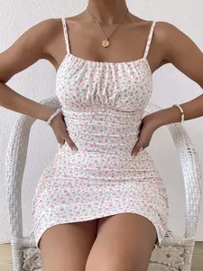 Floral Bodycon Mini Dress - Ruched Summer Beach Sundress with Spaghetti Straps & Ditsy Floral Print for Boho Style Multicolor Slim Fit Cami
