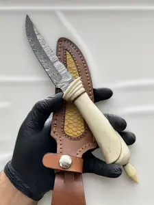 11.0" Hand made Damascus Steel Knife with Bone handle | Skinner knife | copper liners | fiber spacer |