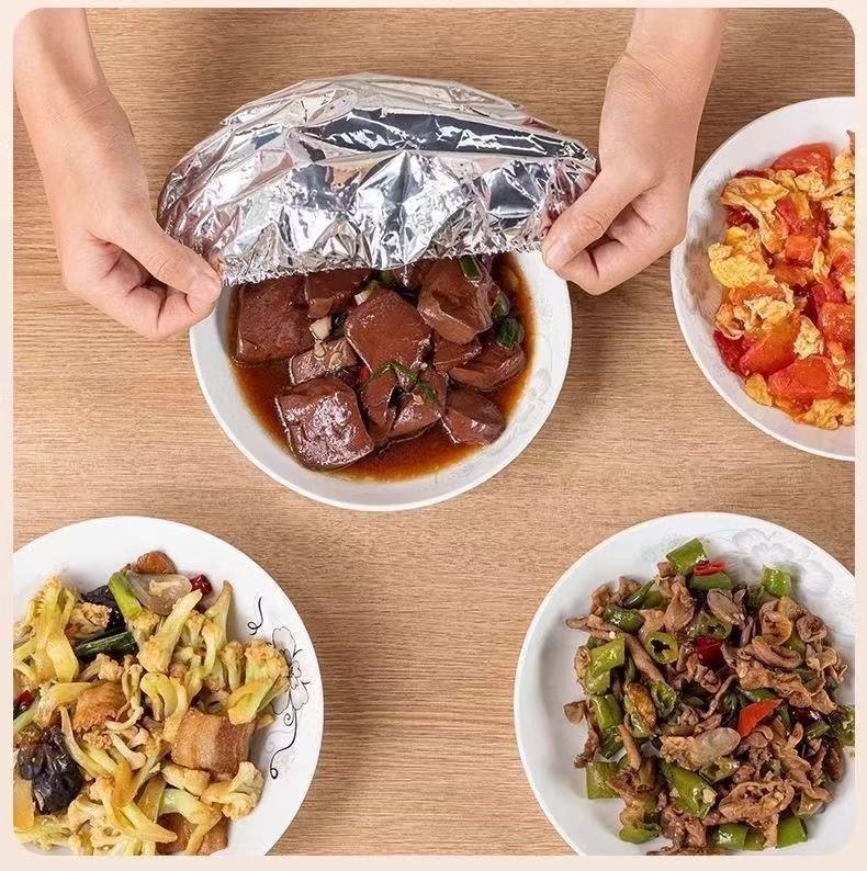 50pcsAluminum foil food warming cover keeps food warm and fresh. High-quality, reusable aluminum foil food cover for the family dining table. Kitchen freshness protector suitable for home and kitchen use.