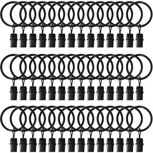 Pack of Curtain Rings with Clips, 1.26" Interior Diameter, Metal Drapery Rings with Clips For up to 1-inch Drapery Rod, Strong Vintage Decorative Rustproof Drapery Rings with Hooks (Black)