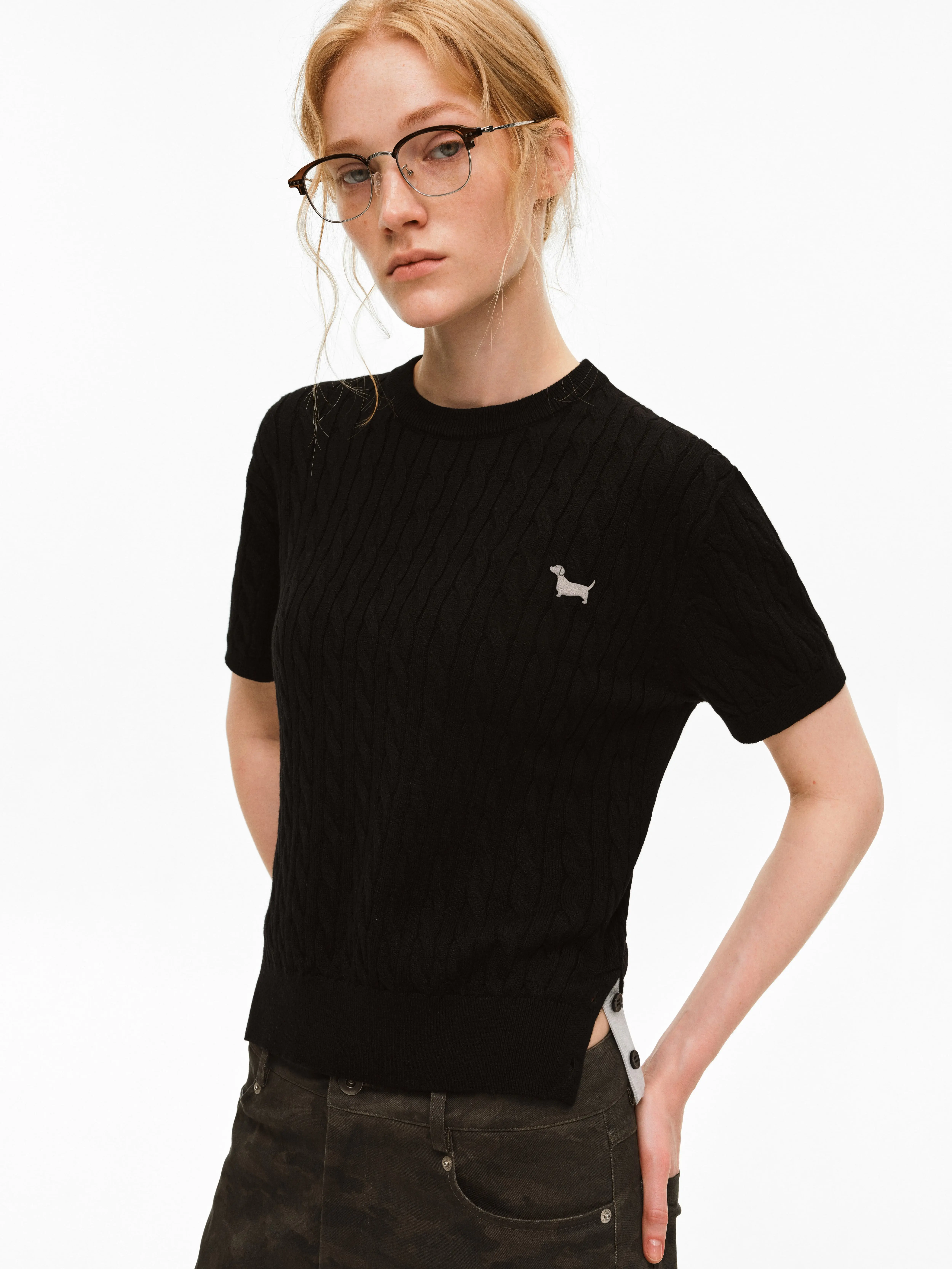 PCLP  Wool Blend Cable Knit Sweater | Retro Colorblock Cropped Short Sleeve Knit Top Women