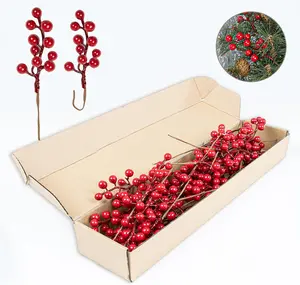 32 Pack Happy New Year Tree Decorations, Artificial Red Berry Stems 6.5 Inch Happy New Year Berry Picks with Holly Berries for Xmas Winter Holiday Home DIY Ornaments