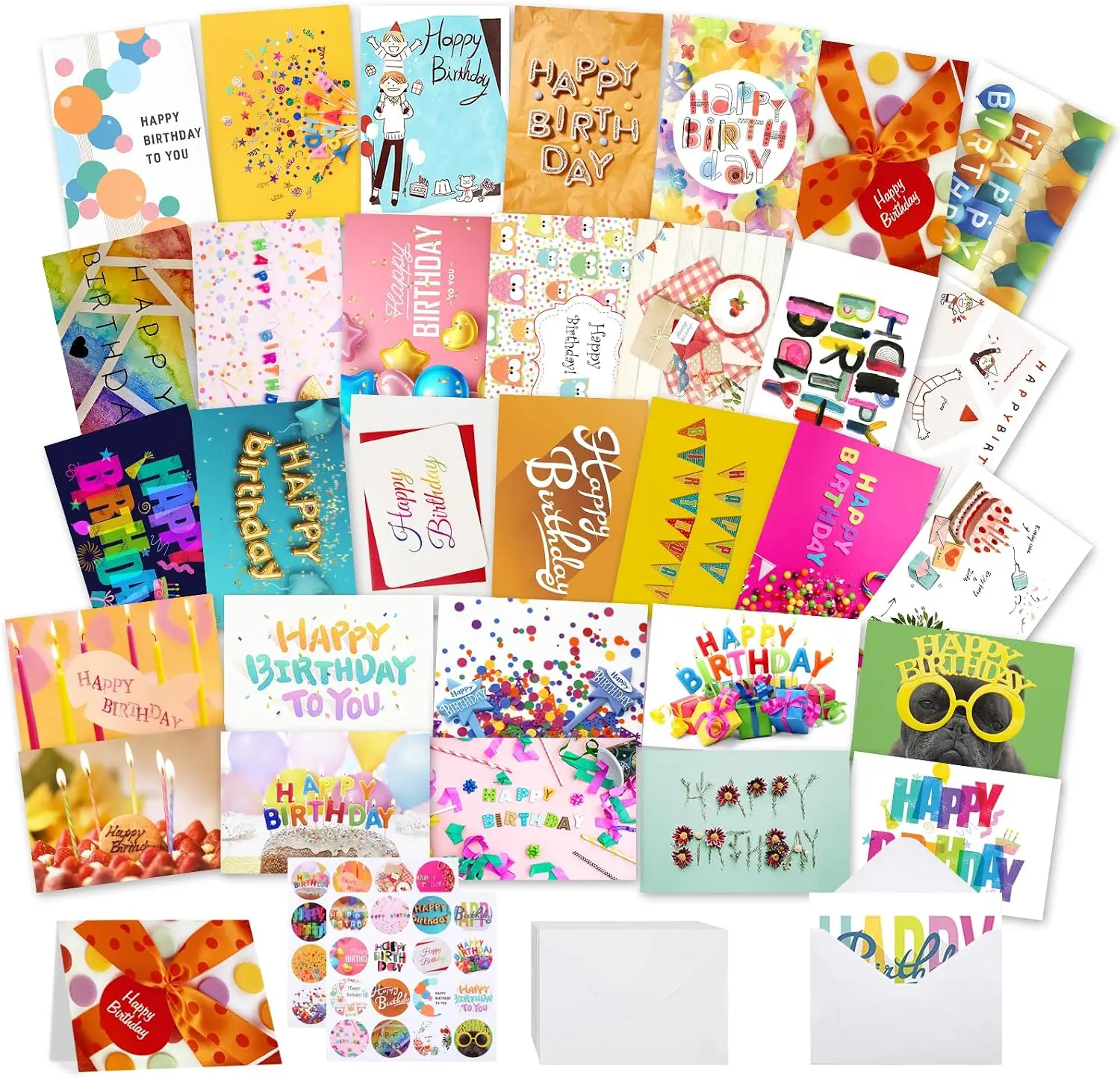 32 PCS Bulk Set Vibrant Birthday Greeting Cards with Envelopes, 4x6 Copper Paper Assorted Themes Office Stationery