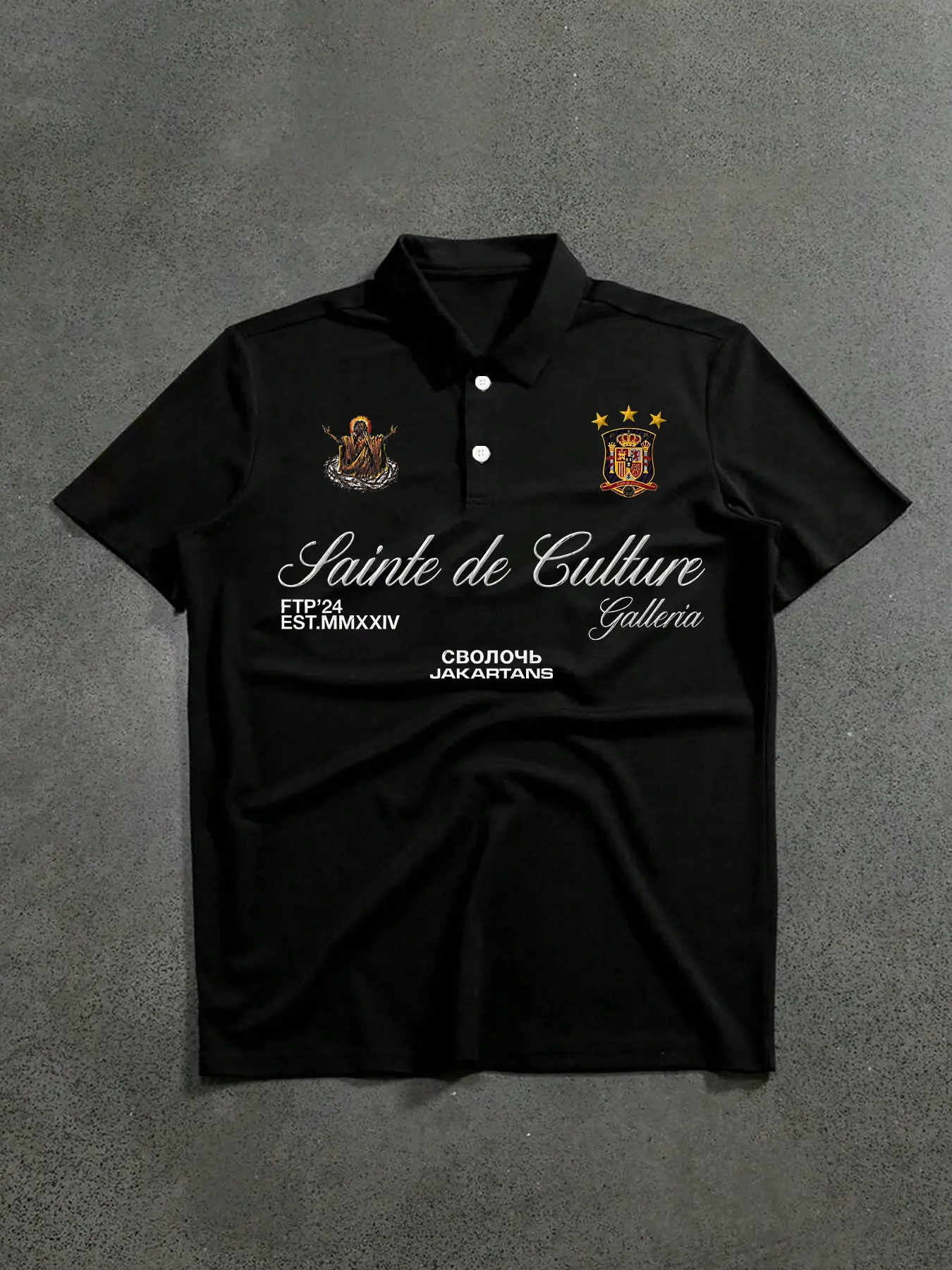 Men's Casual Polo Shirt, Saint Embroidery & Spanish Badge Elements, Street Style Culture, Ftp'24 Identifier, Jakartans Regional Cool
