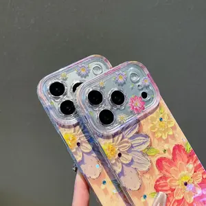 Oil Painting Style Floral Phone Case for iPhone 17-14 Pro Max Series, Creative Unique Anti-Drop Protective Cover Artistic Feel Flower, Casing, Phone Protector Cover